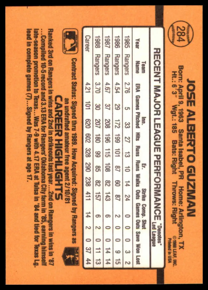 1989 Donruss Jose Guzman 284 Texas Rangers NM - Baseball Card Single