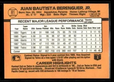 1989 Donruss Juan Berenguer #81 Minnesota Twins - Baseball Card Single