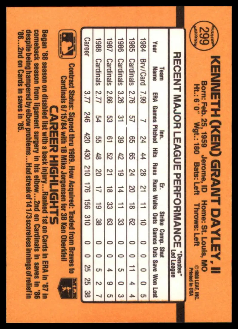 1989 Donruss Ken Dayley 299 St. Louis Cardinals NM - Baseball Card Single