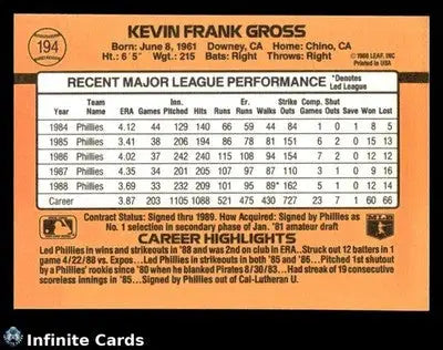 1989 Donruss KEVIN GROSS #194 [Base] Philadelphia Phillies - Baseball Card Single