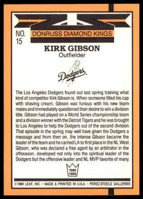 1989 Donruss Kirk Gibson 15 Los Angeles Dodgers NM - Baseball Card Single