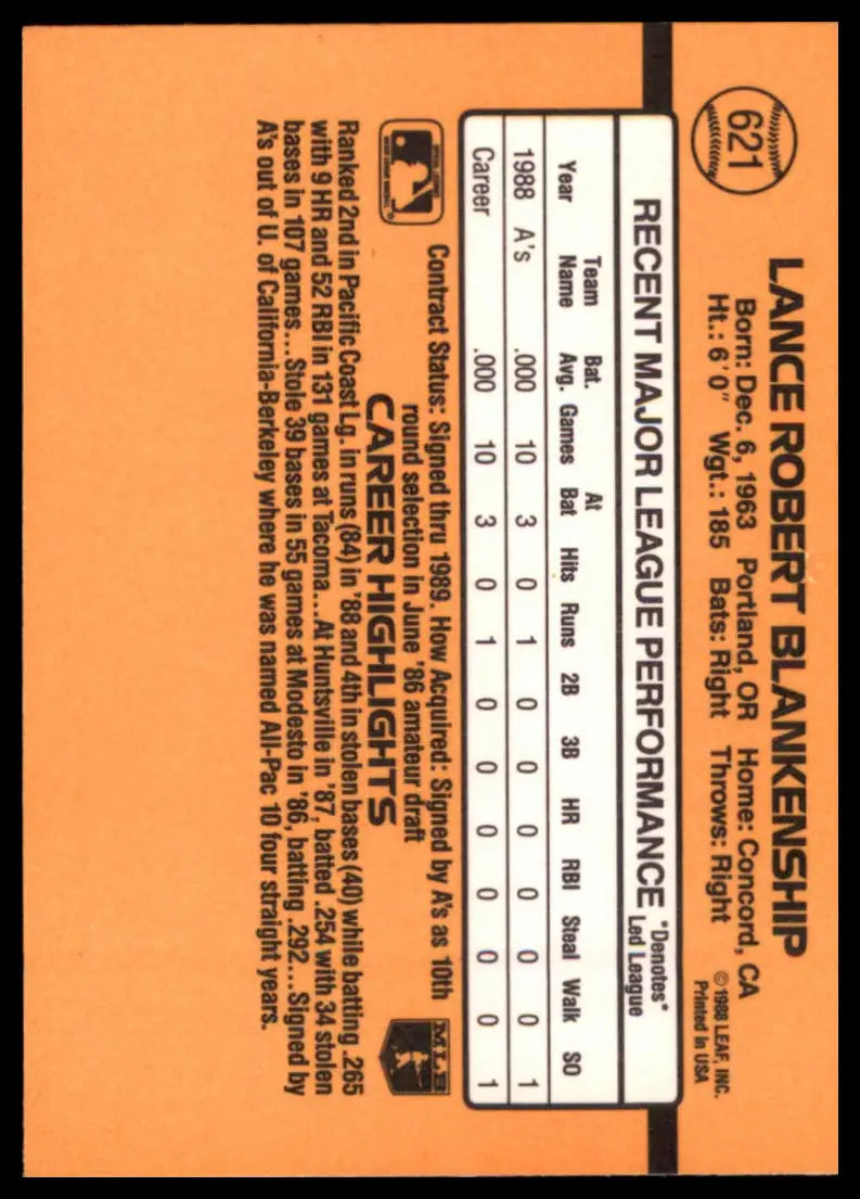 1989 Donruss Lance Blankenship RC 621 Oakland Athletics NM - Baseball Card Single