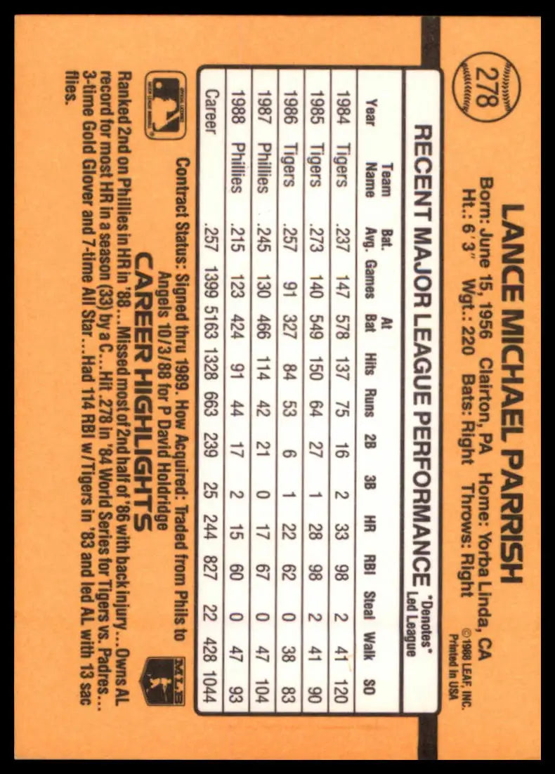 1989 Donruss Lance Parrish 278 Philadelphia Phillies NM - Baseball Card Single