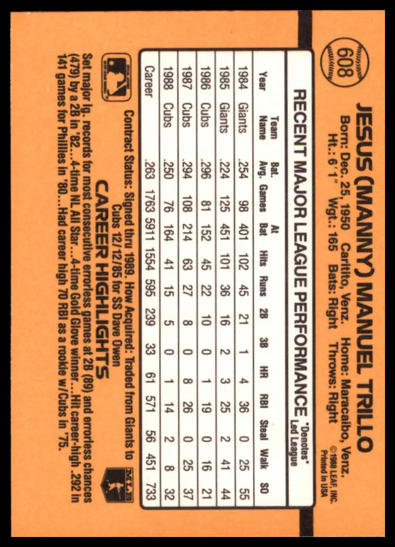 1989 Donruss Manny Trillo 608 Chicago Cubs NM - Baseball Card Single