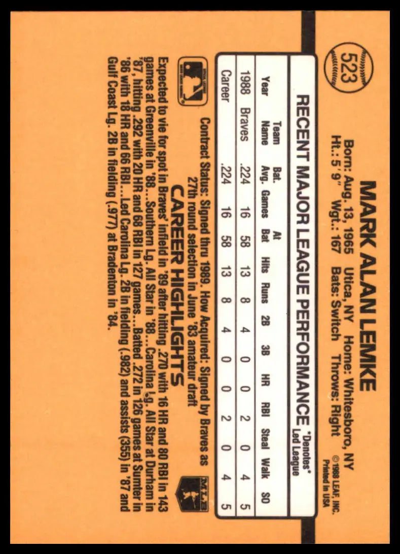 1989 Donruss Mark Lemke RC 523 Atlanta Braves NM - Baseball Card Single