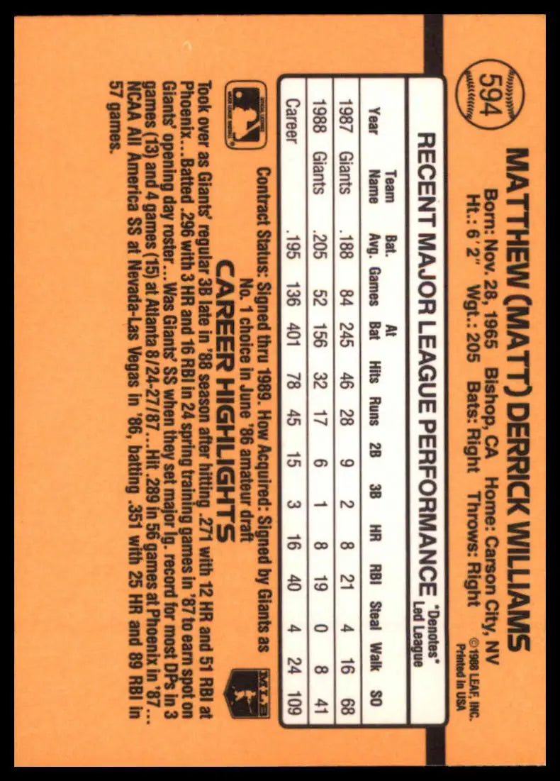 1989 Donruss Matt Williams 594 San Francisco Giants NM - Baseball Card Single