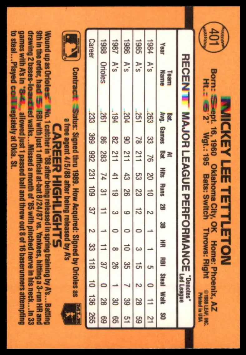 1989 Donruss Mickey Tettleton 401 Baltimore Orioles NM - Baseball Card Single