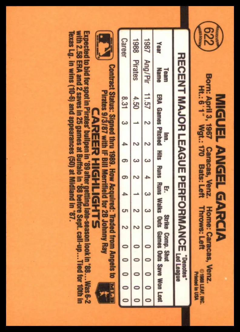 1989 Donruss Miguel Garcia RC 622 Pittsburgh Pirates NM - Baseball Card Single