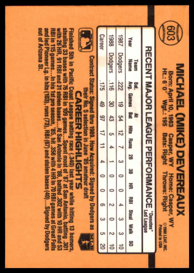 1989 Donruss Mike Devereaux 603 Los Angeles Dodgers NM - Baseball Card Single