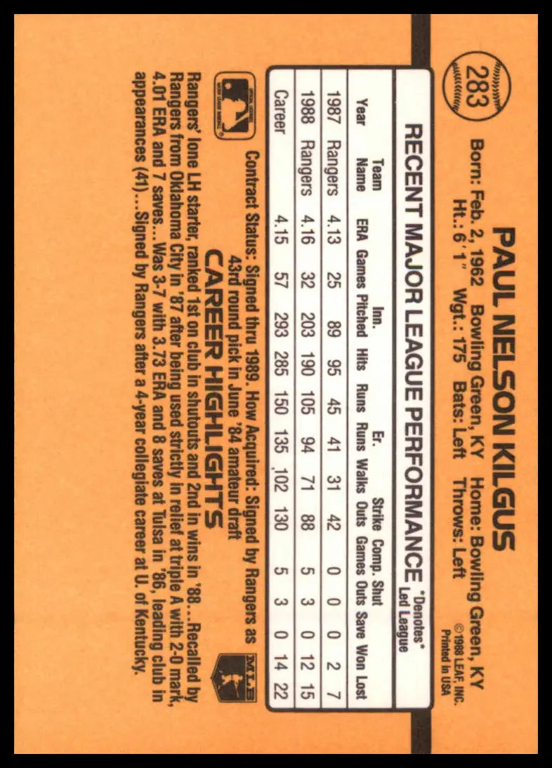1989 Donruss Paul Kilgus 283 Texas Rangers NM - Baseball Card Single
