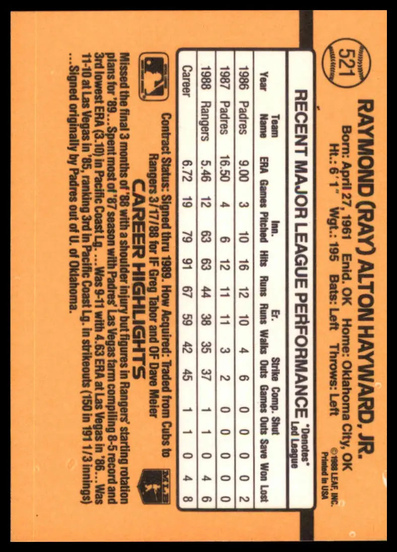 1989 Donruss Ray Hayward 521 Texas Rangers NM - Baseball Card Single