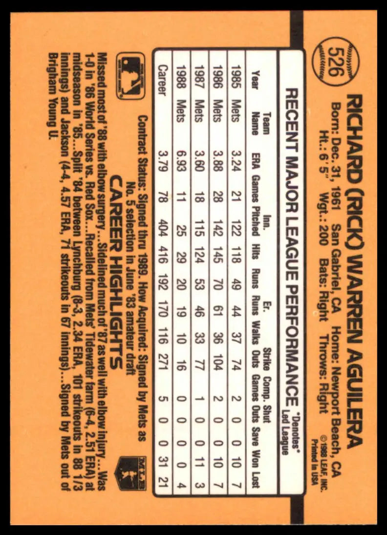 1989 Donruss Rick Aguilera 526 New York Mets NM