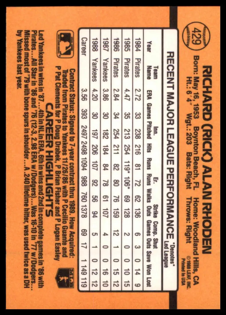 1989 Donruss Rick Rhoden 429 New York Yankees NM - Baseball Card Single