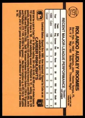 1989 Donruss Rolando Roomes RC 577 Chicago Cubs NM - Baseball Card Single