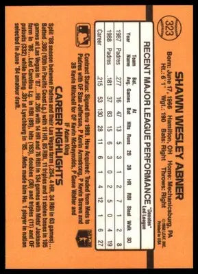 1989 Donruss Shawn Abner 323 San Diego Padres NM - Baseball Card Single