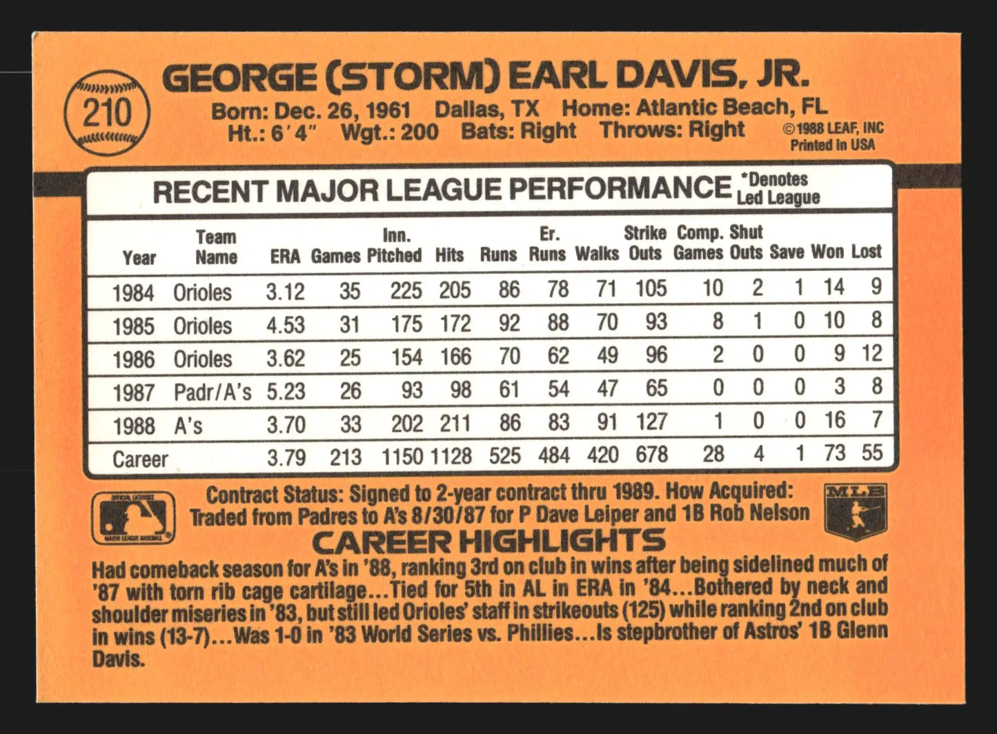 1989 Donruss Storm Davis #210 Oakland Athletics - Baseball Card Single