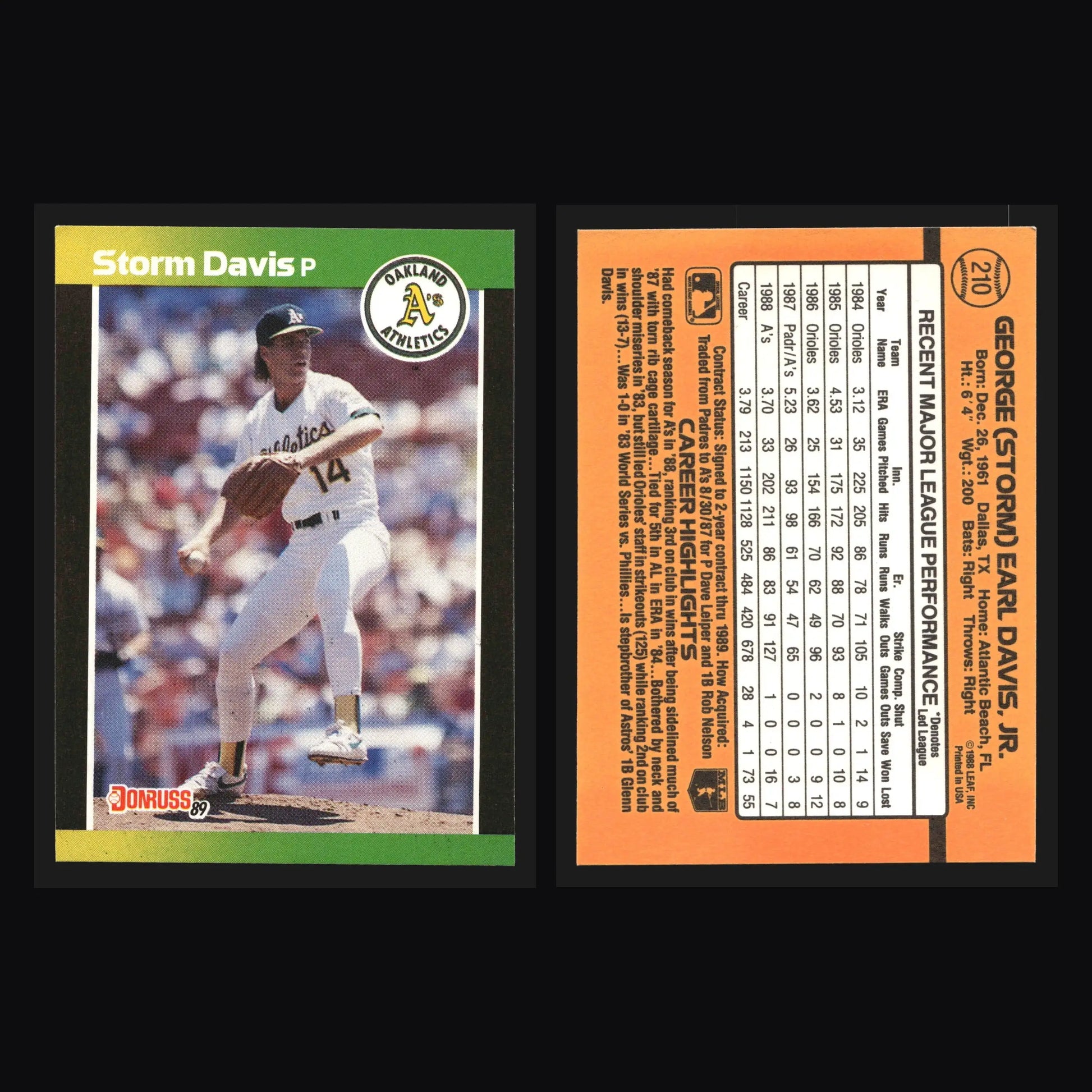 1989 Donruss Storm Davis #210 Oakland Athletics - Baseball Card Single