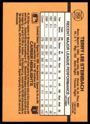 1989 Donruss Terry Steinbach 268 Oakland Athletics NM - Baseball Card Single