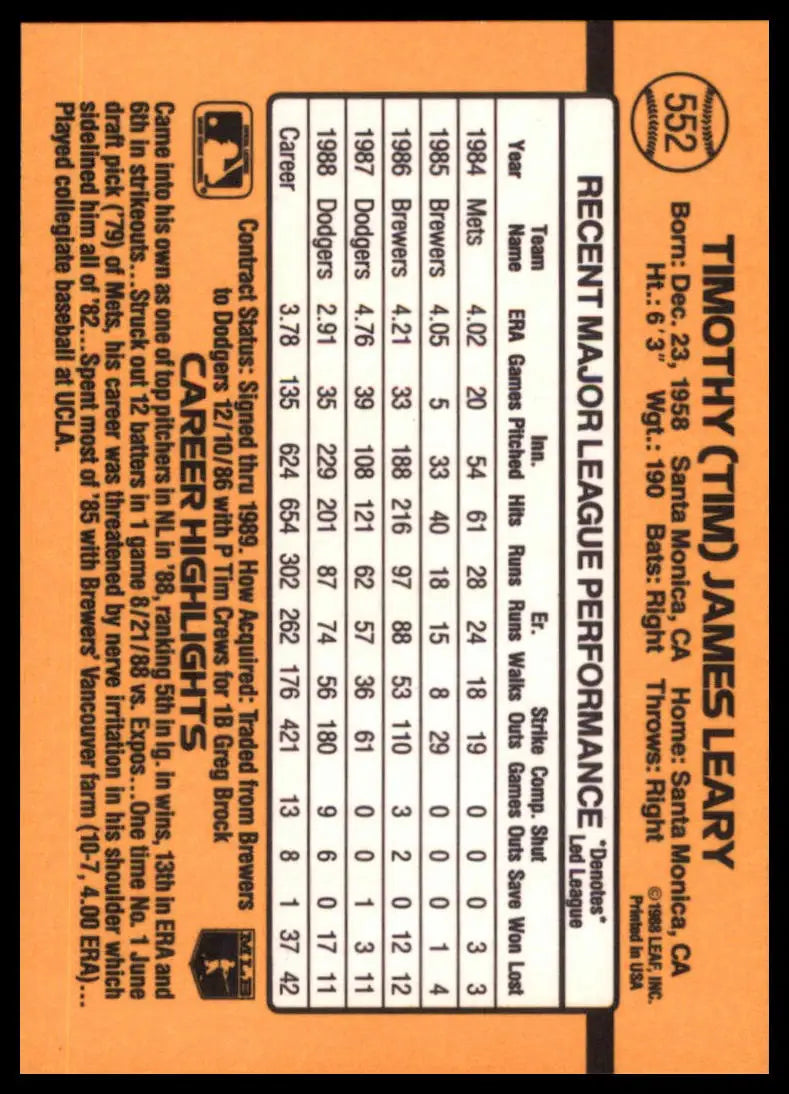 1989 Donruss Tim Leary 552 Los Angeles Dodgers NM - Baseball Card Single