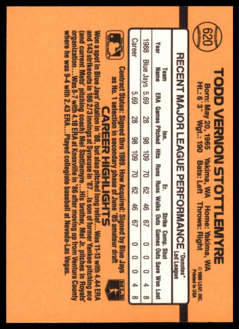 1989 Donruss Todd Stottlemyre 620 Toronto Blue Jays NM - Baseball Card Single