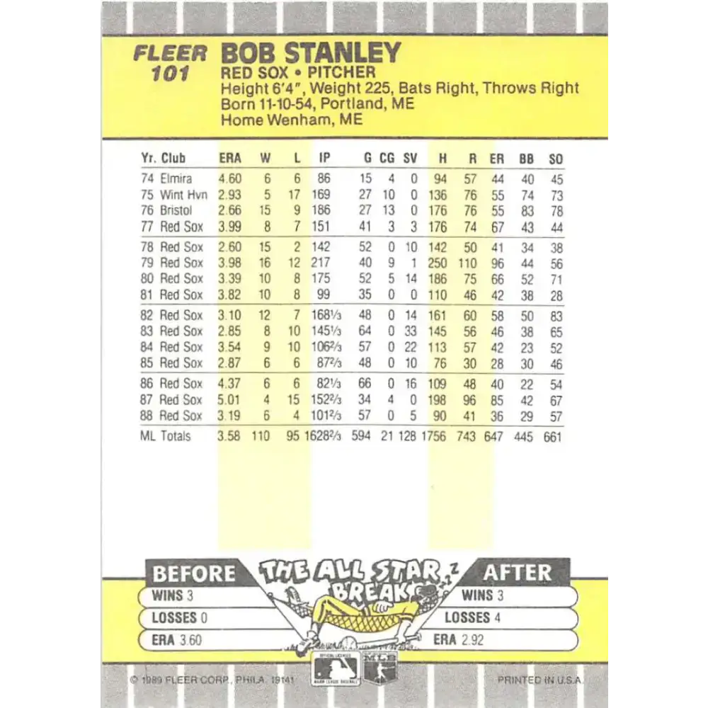 1989 Fleer #101 Bob Stanley EX Excellent Boston Red Sox Baseball Card - Baseball Card Single