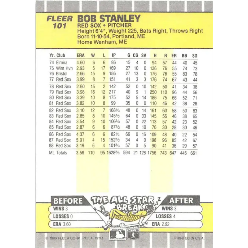 1989 Fleer #101 Bob Stanley EX Excellent Boston Red Sox Baseball Card - Baseball Card Single