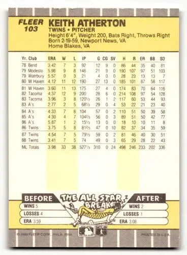 Original gloss Keith Atherton Minnesota Twins baseball card from 1989 Fleer NM Nea ID 60719