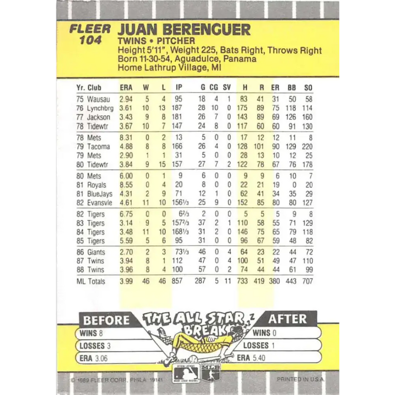 1989 Fleer #104 Juan Berenguer EX Excellent Minnesota Twins Baseball Card - Baseball Card Single