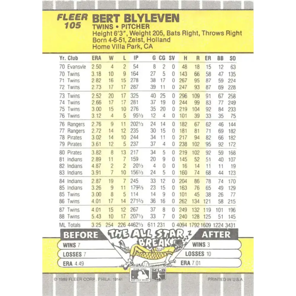 1989 Fleer #105 Bert Blyleven EX Excellent Minnesota Twins Baseball Card - Baseball Card Single