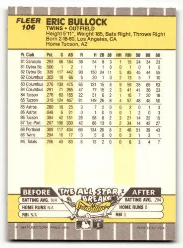 Eric Bullock Minnesota Twins baseball card from 1989 Fleer series, NM Near Mint