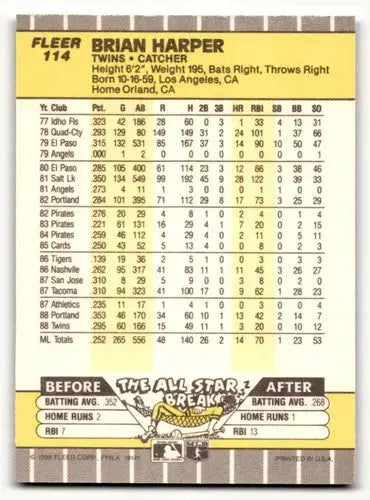 1989 Fleer #114 Brian Harper Minnesota Twins Baseball Cards NM Near ID:54359 - Baseball Card Single