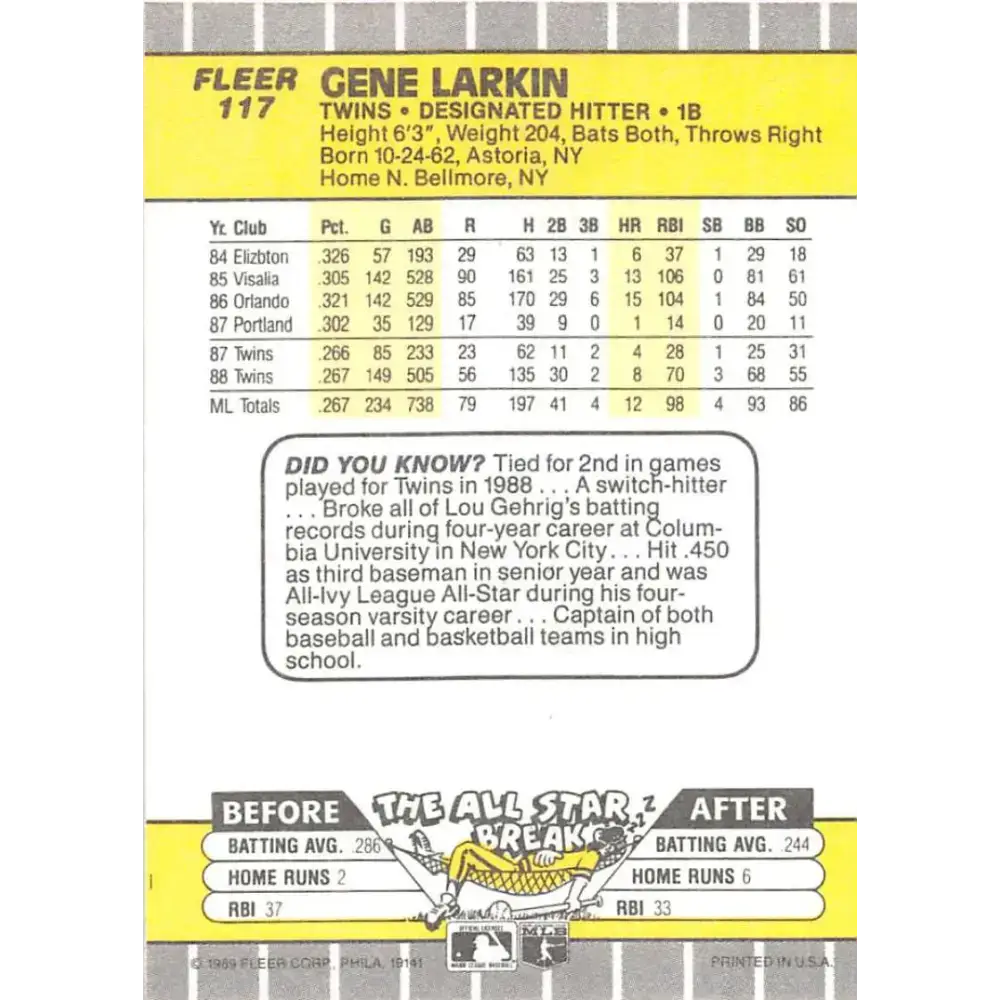 1989 Fleer #117 Gene Larkin EX Excellent Minnesota Twins Baseball Card - Baseball Card Single