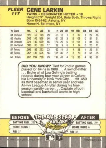 1989 Fleer Gene Larkin baseball card with original gloss and player stats