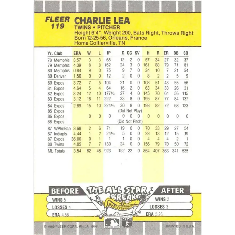 1989 Fleer #119 Charlie Lea EX Excellent Minnesota Twins Baseball Card - Baseball Card Single