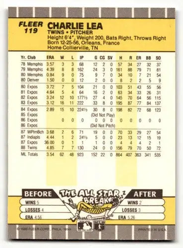Original gloss Charlie Lea Minnesota baseball card from 1989 Fleer #119, Lea Minnesota Twins