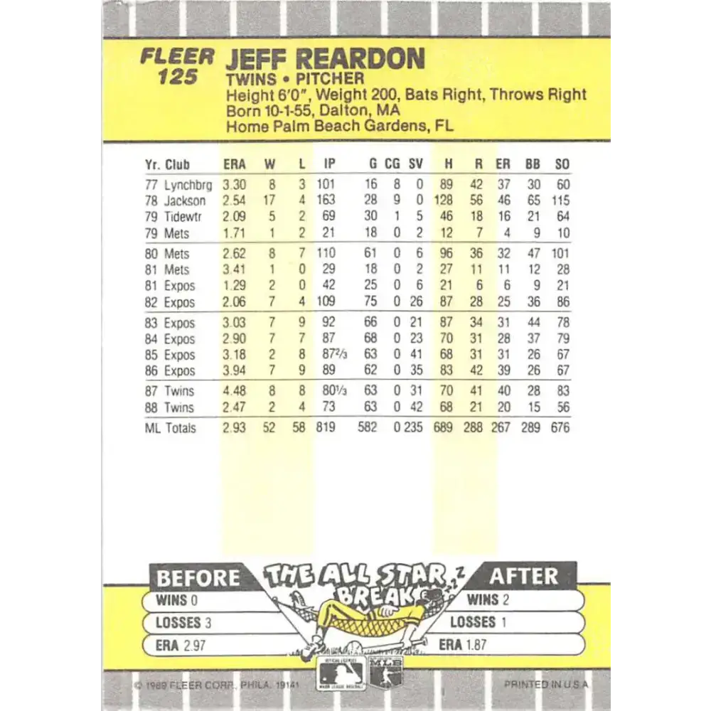 1989 Fleer #125 Jeff Reardon EX Excellent Minnesota Twins Baseball Card - Baseball Card Single