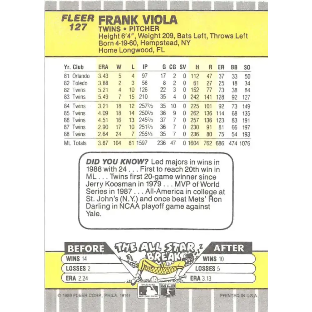 1989 Fleer #127 Frank Viola EX Excellent Minnesota Twins Baseball Card - Baseball Card Single