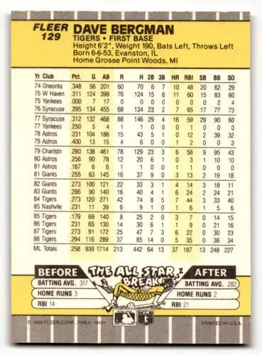 Original gloss Dave Bergman Detroit baseball card from 1989 Fleer #129 Bergman Detroit Tigers
