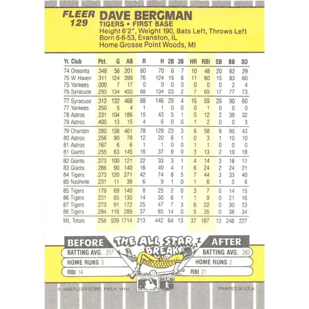 1989 Fleer #129 Dave Bergman EX Excellent Detroit Tigers Baseball Card - Baseball Card Single