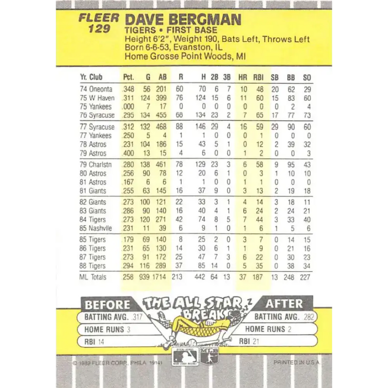 1989 Fleer #129 Dave Bergman EX Excellent Detroit Tigers Baseball Card - Baseball Card Single