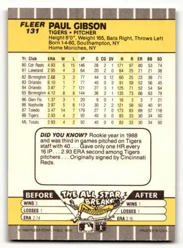 Original gloss Paul Gibson Detroit Tigers baseball card from 1989 Fleer #131