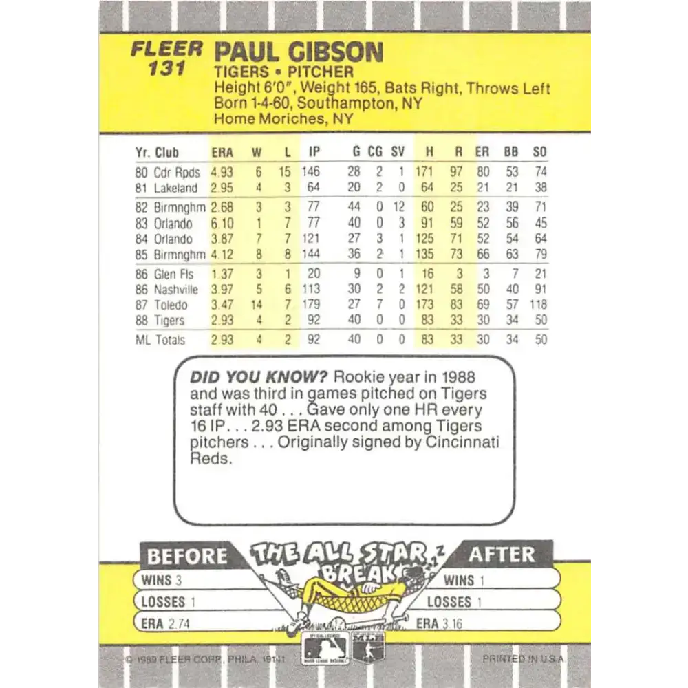 1989 Fleer #131 Paul Gibson EX Excellent Detroit Tigers Baseball Card - Baseball Card Single