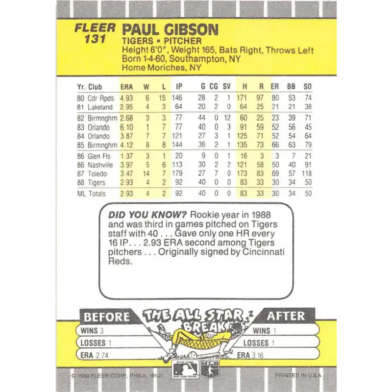 1989 Fleer #131 Paul Gibson EX Excellent Detroit Tigers Baseball Card - Baseball Card Single