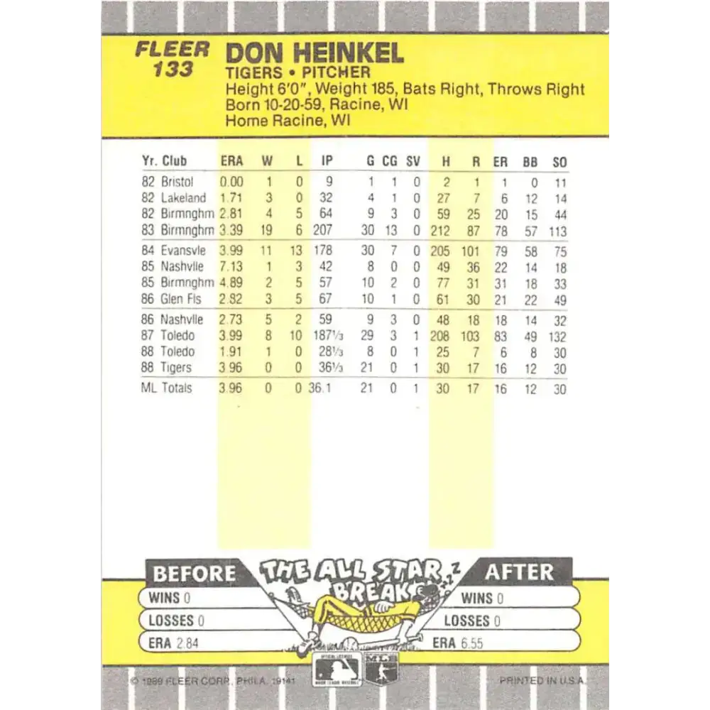 1989 Fleer #133 Don Heinkel EX Excellent Detroit Tigers Baseball Card - Baseball Card Single