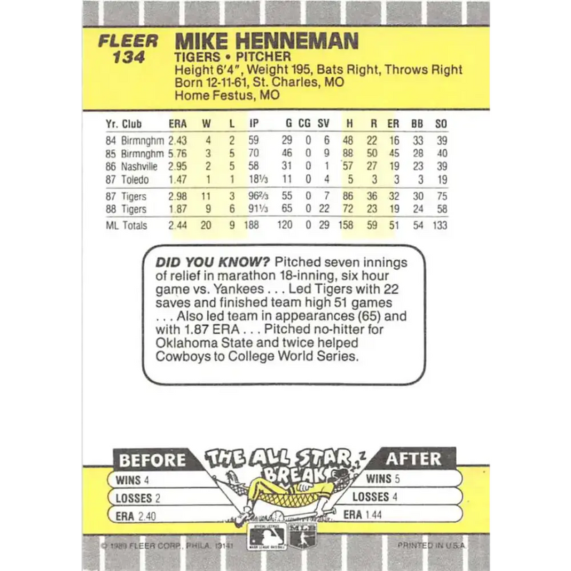1989 Fleer #134 Mike Henneman EX Excellent Baseball Card - Baseball Card Single