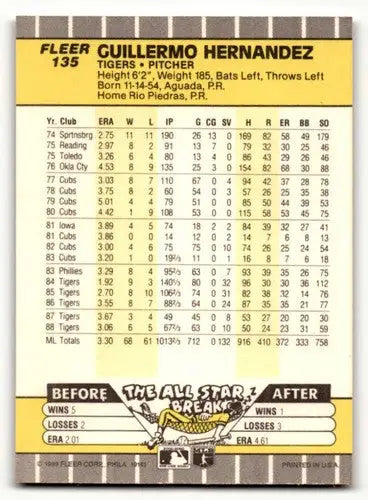 Original gloss Guillermo Hernandez Detroit Tigers baseball card from 1989 Fleer #135