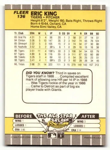 Eric King Detroit Tigers baseball card from 1989 Fleer #136, near mint condition