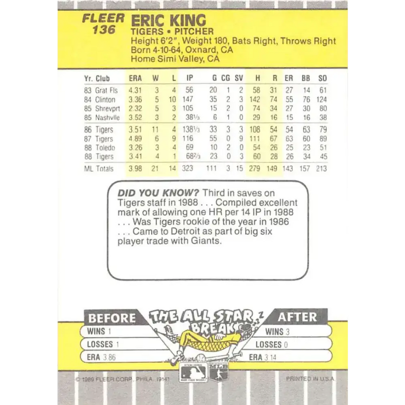 1989 Fleer #136 Eric King EX Excellent Detroit Tigers Baseball Card - Baseball Card Single
