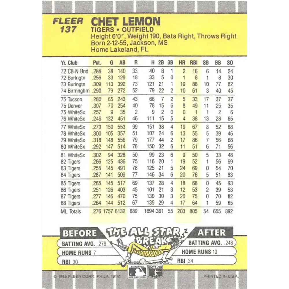 1989 Fleer #137 Chet Lemon EX Excellent Detroit Tigers Baseball Card - Baseball Card Single