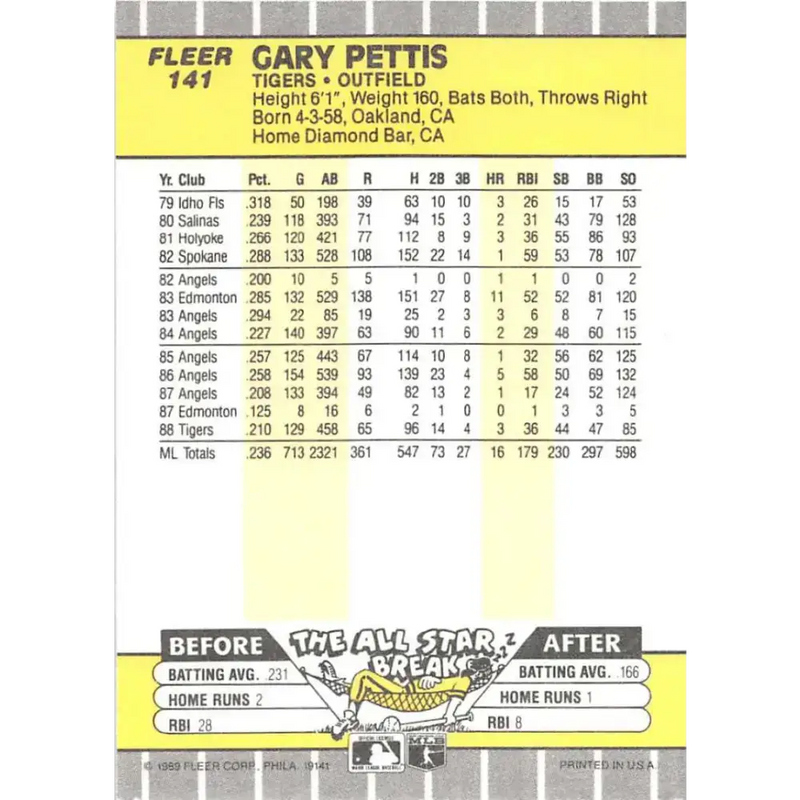 1989 Fleer #141 Gary Pettis EX Excellent Detroit Tigers Baseball Card - Baseball Card Single